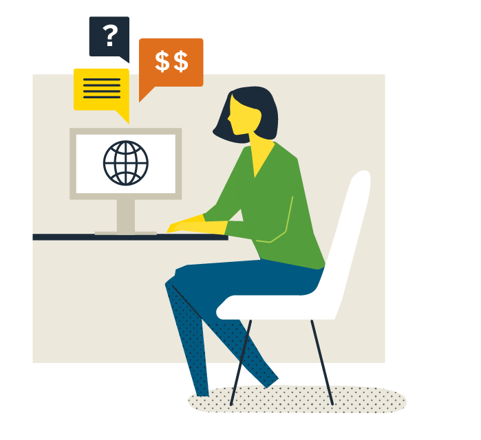 Illustration of a woman sitting at a desk looking at a computer